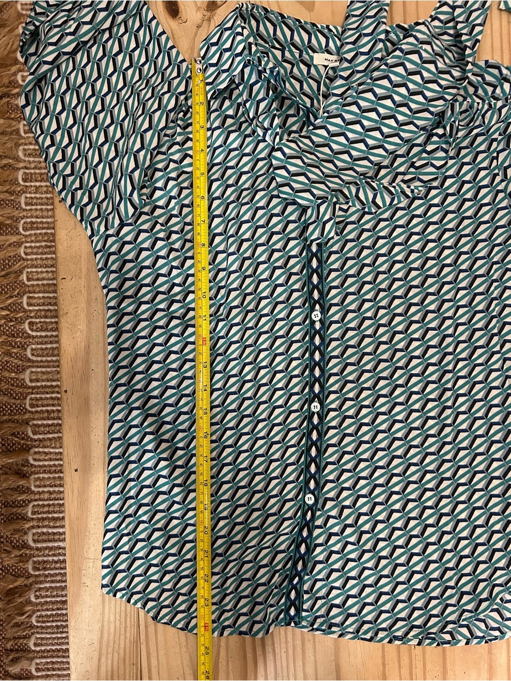 Max Studio Teal, Navy and White Geometric Tie-Neck Button-Down Blouse Top - NWT - Picture 11 of 14